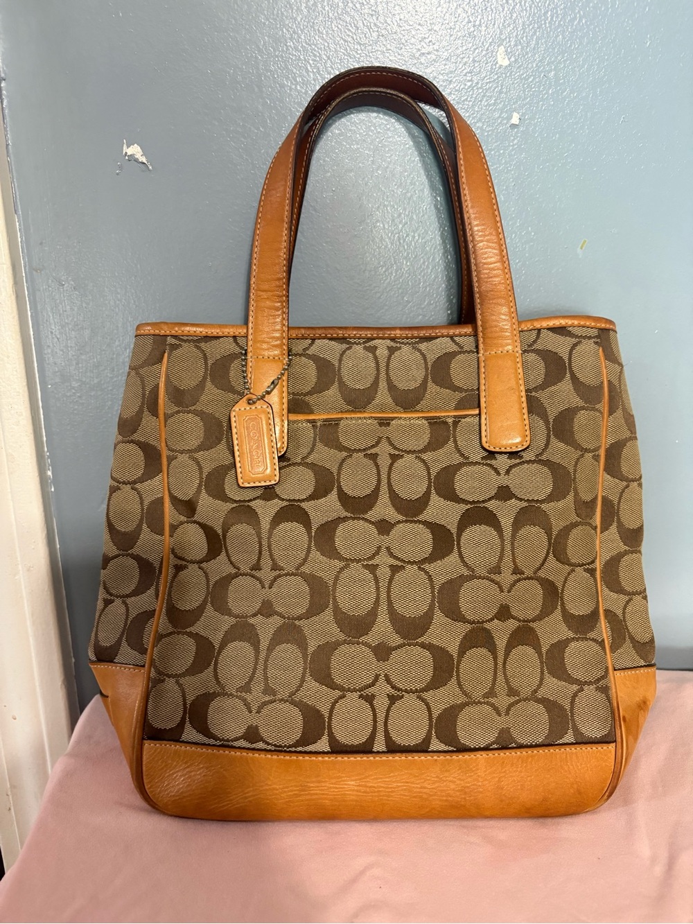 Coach Brown Signature Canvas Tote with Tan Leather Trim